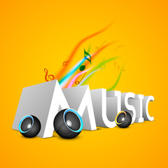 3D text Music with speakers on yellow background..