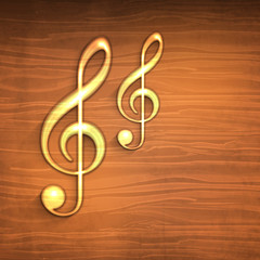 Golden musical notes on wooden background..