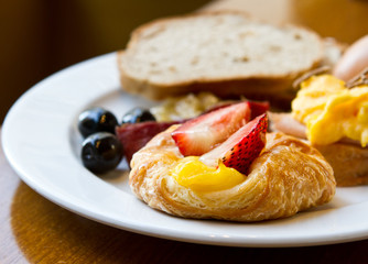 Healthy breakfast with bread, egg and strawberry