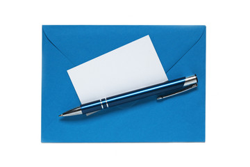 blue envelope with pen and blank note card isolated on white