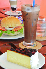 Blue berry cheese cake and Burger and Coffee in Breakfast