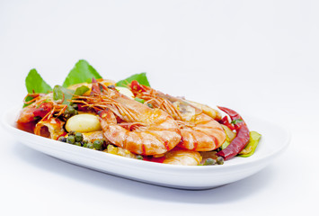 Prawns stir fried with chili and herb.