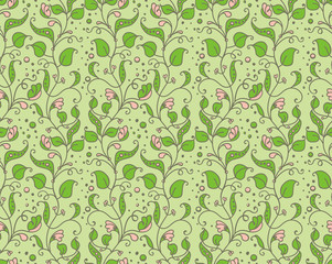 Seamless pattern of green flowering sweet peas.