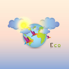 Eco earth globe illustration, with origami birds