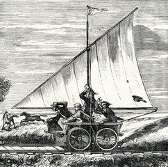 Fototapeta premium Sail driven wehicle on Kansas Pacific Railway (ca. 1890)