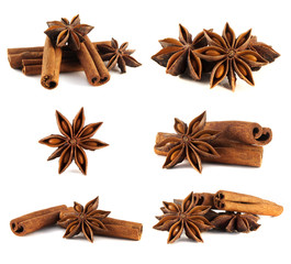 Cinnamon sticks, anise stars collection. Isolated