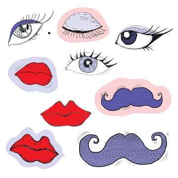 Colored cartoon eyes, lips and mustache