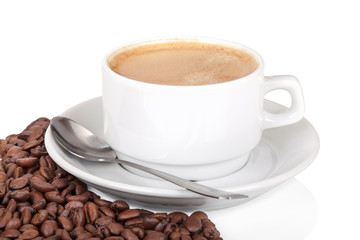 Cup of coffee with coffee beans on isolated on white background
