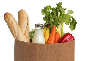 Paper bag with food. White background