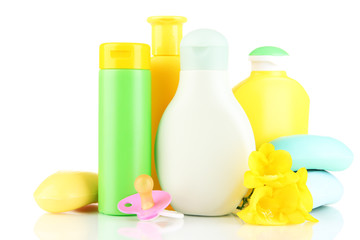 Baby cosmetics and soap, isolated on white