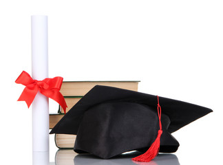 Grad hat with diploma and books isolated on white