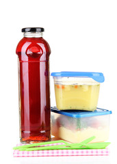 Tasty lunch in plastic containers, isolated on white