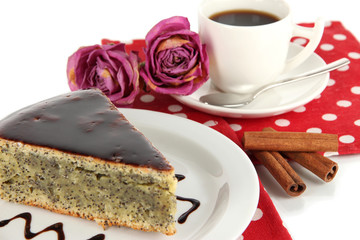 Delicious poppy seed cake with cup of coffee isolated on white