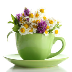 Beautiful wild flowers and mint in cup, isolated on white