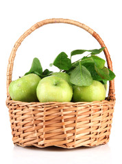 Juicy green apples with leaves in basket, isolated on white