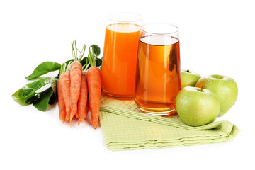 Glasses of juice, apples and carrots, isolated on white