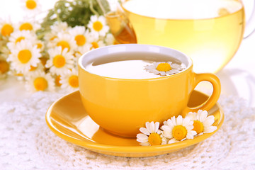 Cup of herbal tea with camomiles close up