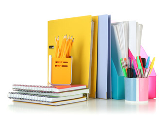 Bright office folders and different stationery isolated on