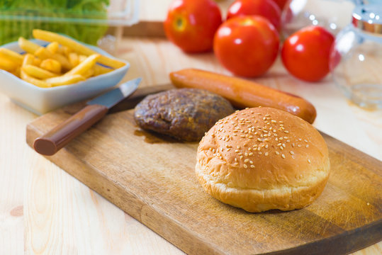 hamburger fast food ingredients with plenty of raw materials on
