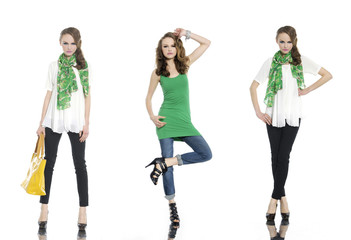 Fototapeta premium Full length beautiful stylish three girl in jeans posing