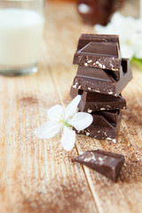 pieces of dark chocolate and a glass of milk