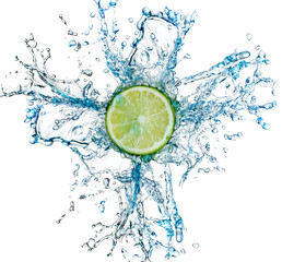 lime and water splash on a white background