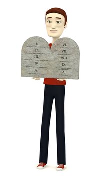 3d Render Of Cartoon Character With Ten Commandments