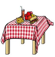 illustration of a picnic table with food on it.
