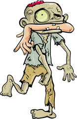 Cartoon zombie carrying a human arm in his mouth.