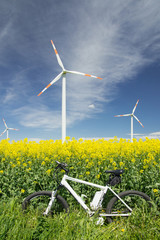 e-bike, pedelec, windrad, raps, öko, fahrrad