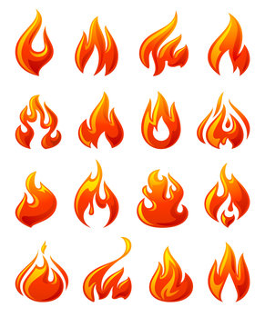 Fire flames, set 3d red icons