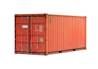 Bright red metal freight shipping container isolated on white
