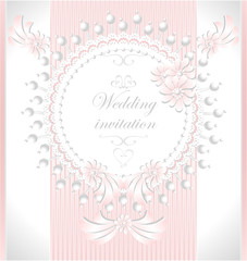 Wedding invitation with pearls flowers in pink color