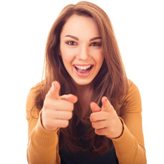 happy woman shows finger on you