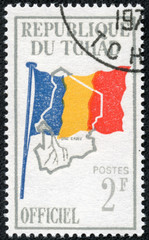 stamp printed by Chad, shows Flag and Map of Chad