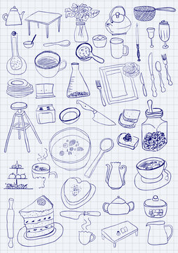 Kitchen objects on paper background
