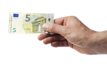 Hand hält neuen Fünf Euro Schein, isoliert