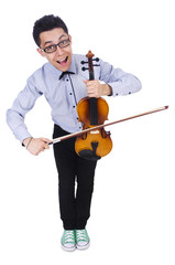 Funny man with violin on white
