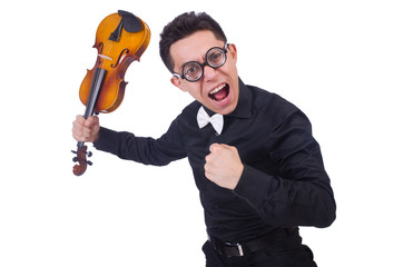 Funny violin player on white