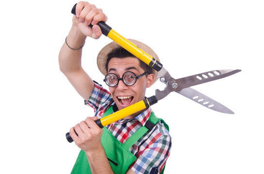 Funny man with shears on white