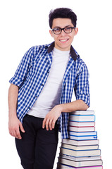 Student with lots of books on white