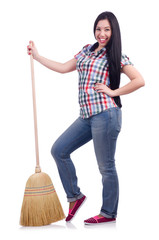 Young woman with broom isolated on white