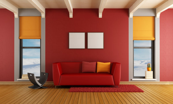 Red living room of a house in the mountains
