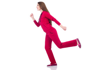 Young woman doing exercises on white