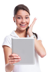 casual woman happy with tablet