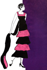 full dancing frock in pink and black chiffon stripes 20th years