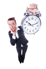 Funny woman with clock on white