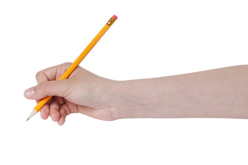 female teen hand holding pencil with eraser top