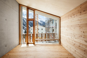 interior, modern house with wooden wall, large window..