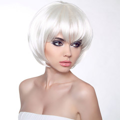 Fashion portrait with White Short Hair. Haircut. Hairstyle. Frin
